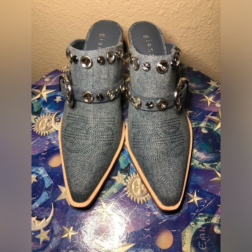Embellished Denim Wedge Mules size 6.5 - Picture 8 of 15